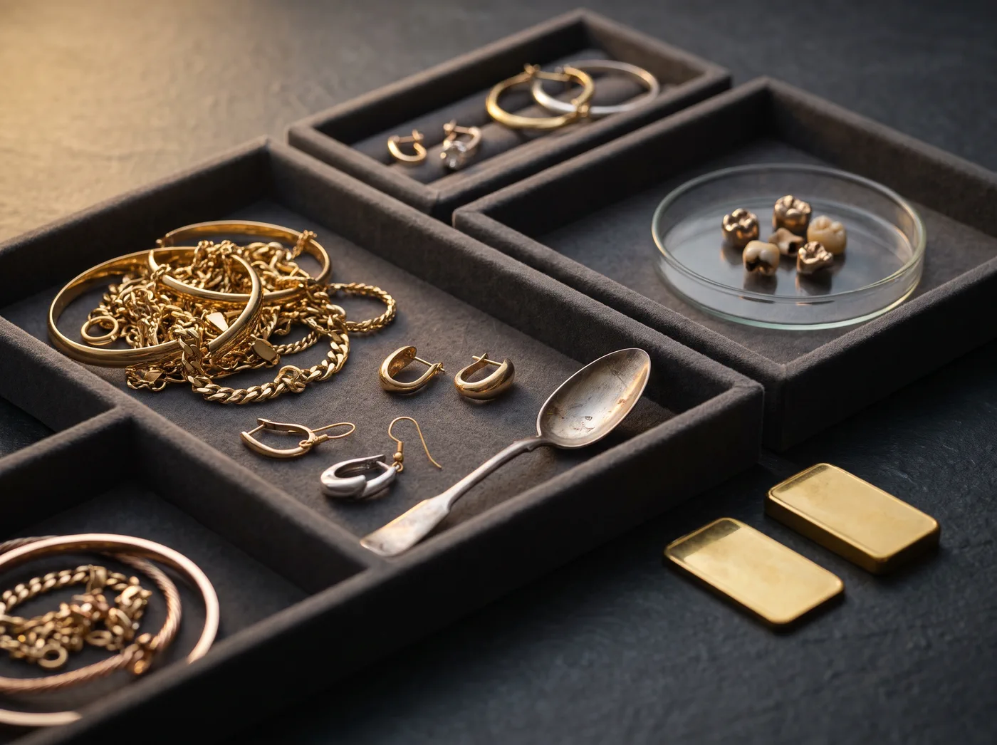 Bruchgold, Zahngold und Feingoldbarren in Prüfschalen
