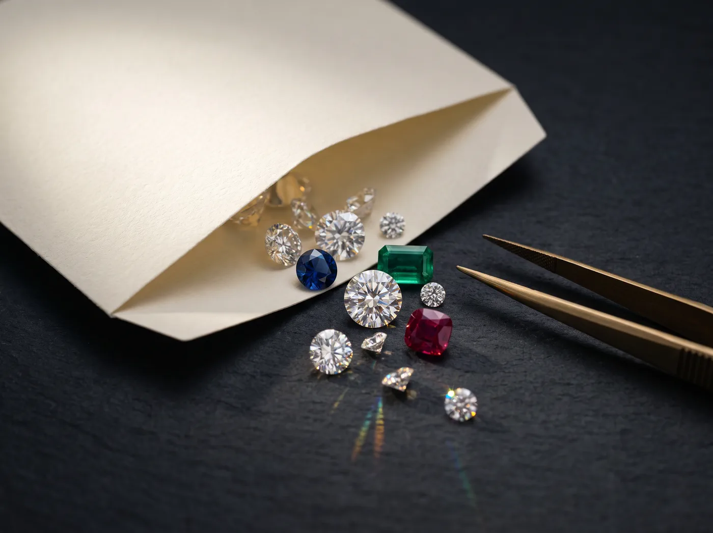 Lose Diamanten und Farbsteine auf Steinpapier