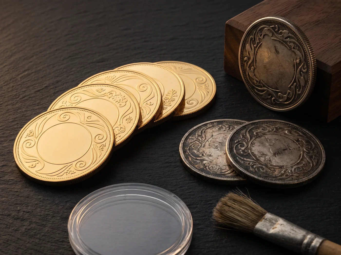 Goldmünzen und Silbermünzen mit Münzkapsel und Pinsel