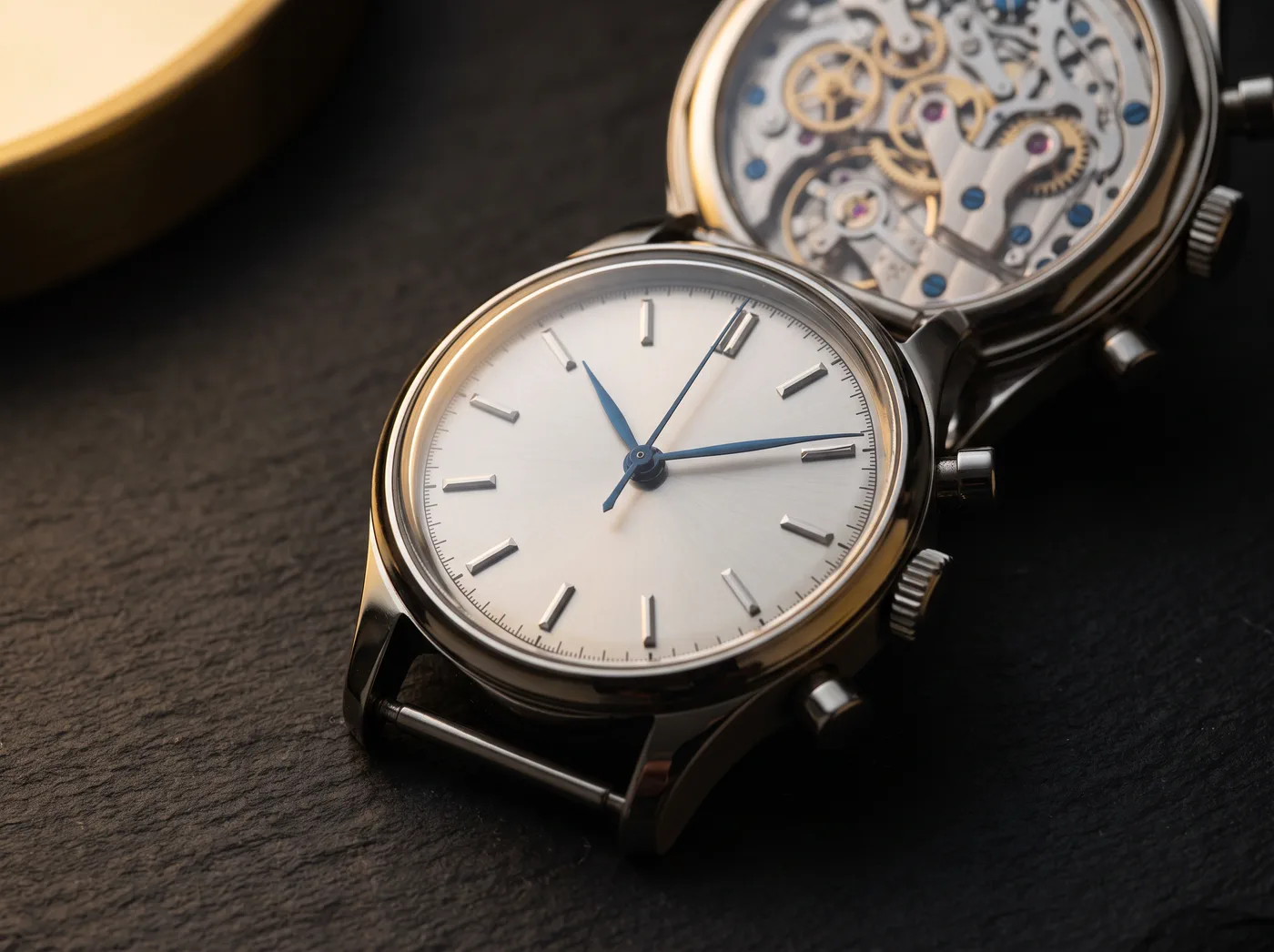 Mechanische Armbanduhr mit sichtbarem Uhrwerk auf dunklem Schiefer